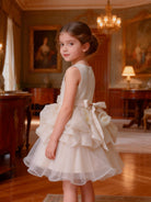 Abito da Cerimonia Bambina Avorio con Pizzo 3D e Maxi Fiori in Organza – Gonna in Tulle 8519