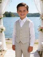 Completo Elegante Bambino Beige 5 Pezzi con Giacca Gilet Pantaloni Camicia e Papillony