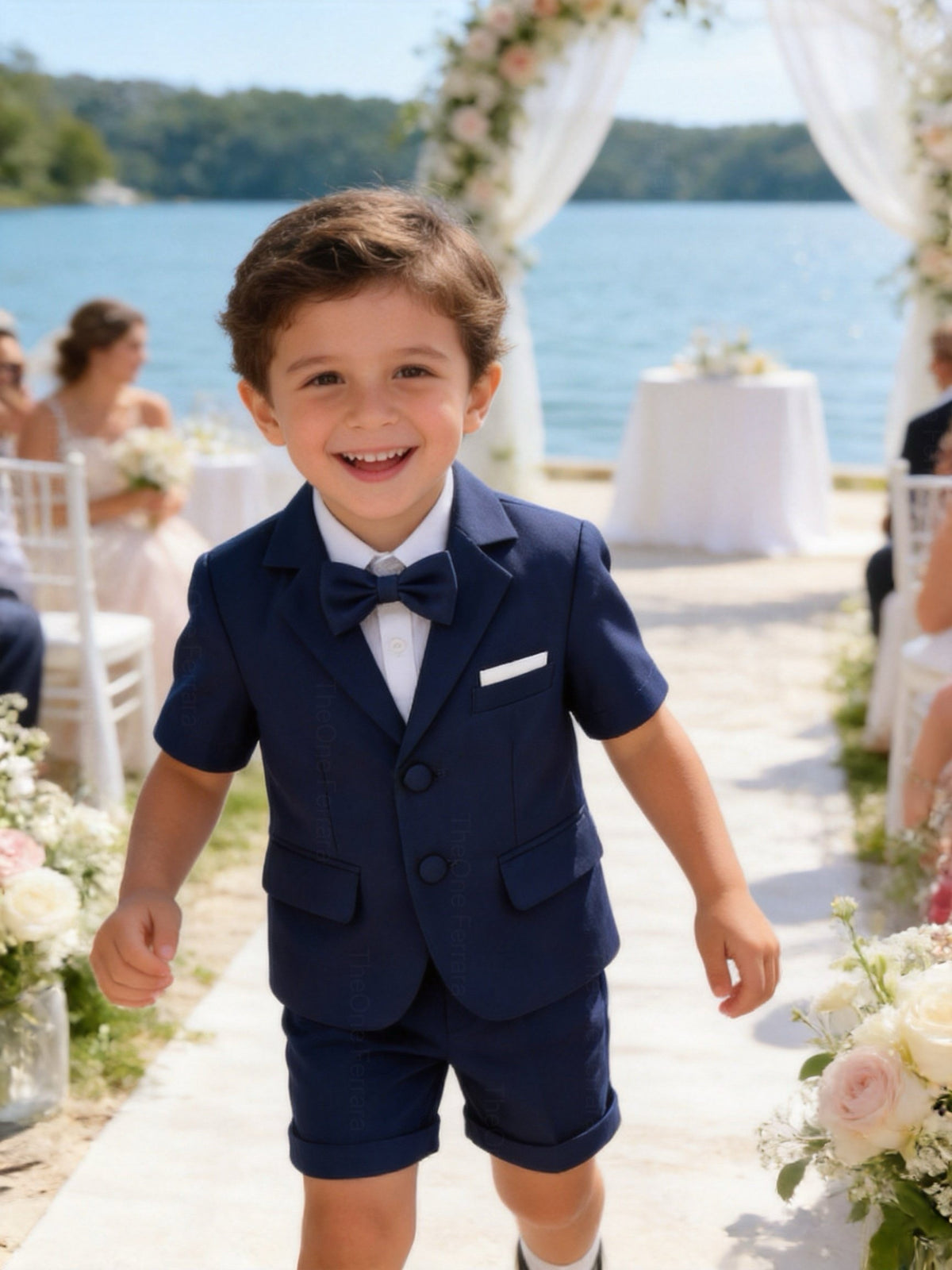 Completo Elegante Bambino Verde Salvia 4 Pezzi con Giacca Shorts Camicia e Papillong 4-10Anni Blu navy