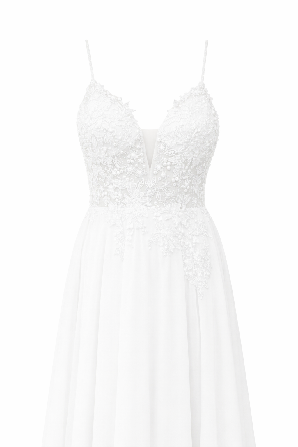 Abito da Sposa A-Line in Chiffon con Pizzo 3D e Scollo Profondo – Spalline Sottili, Effetto Corsetto, Colore Avorio Naturale 879001