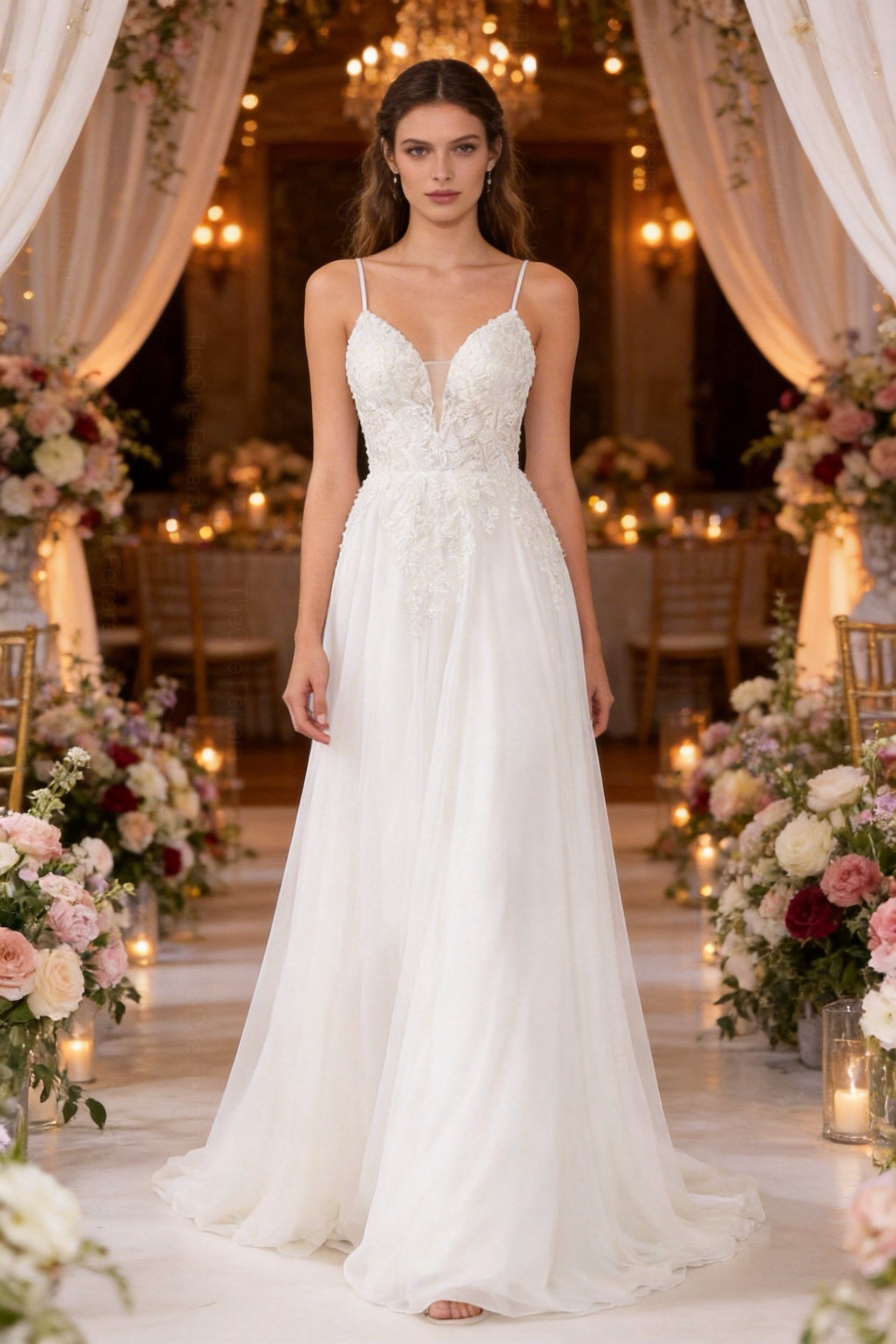 Abito da Sposa A-Line in Chiffon con Pizzo 3D e Scollo Profondo – Spalline Sottili, Effetto Corsetto, Colore Avorio Naturale 879001 Bianco