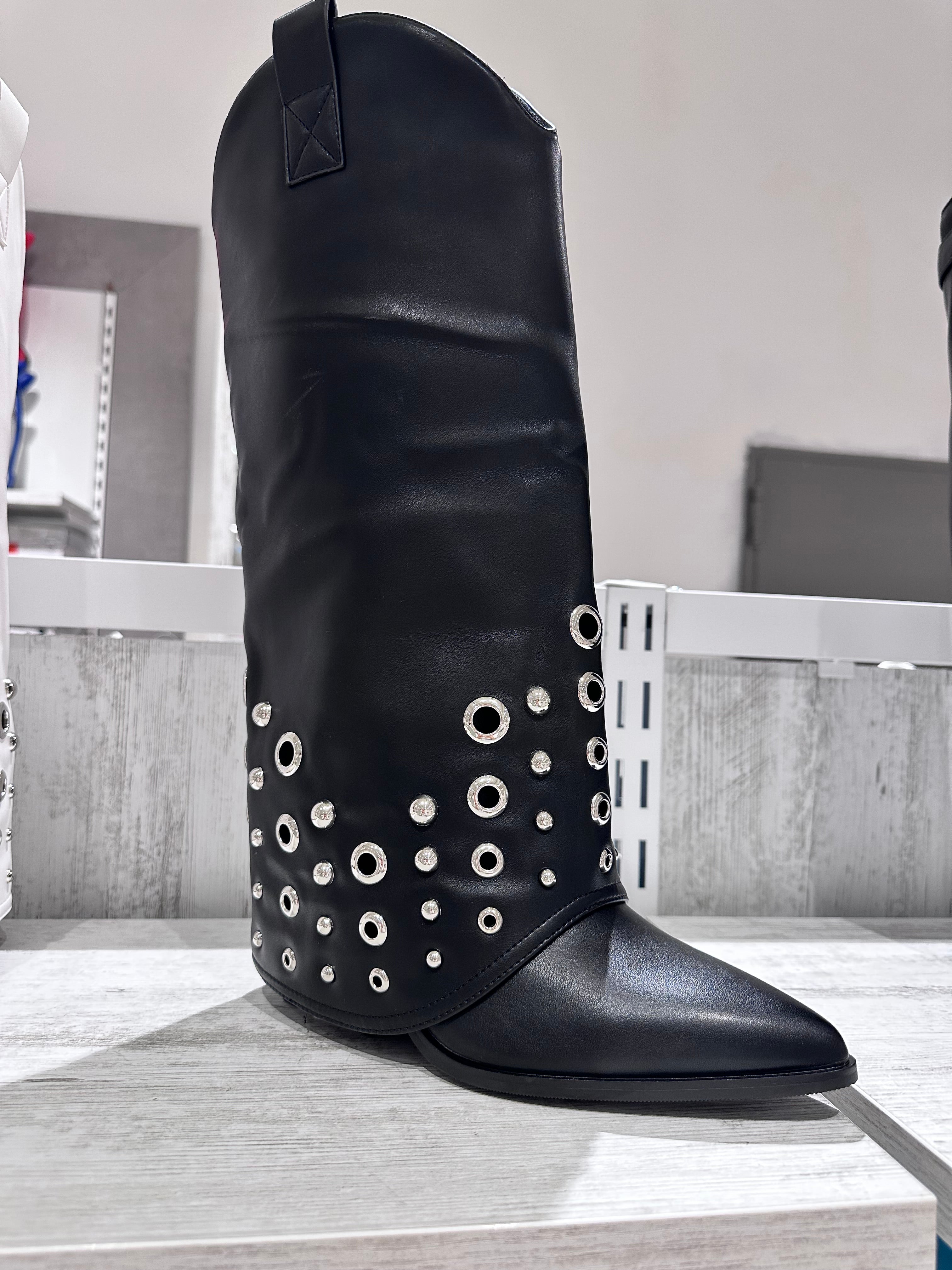 Stivali alti bianchi con borchie | Western Punk Block Heel Boots Donna-KF1 Nero