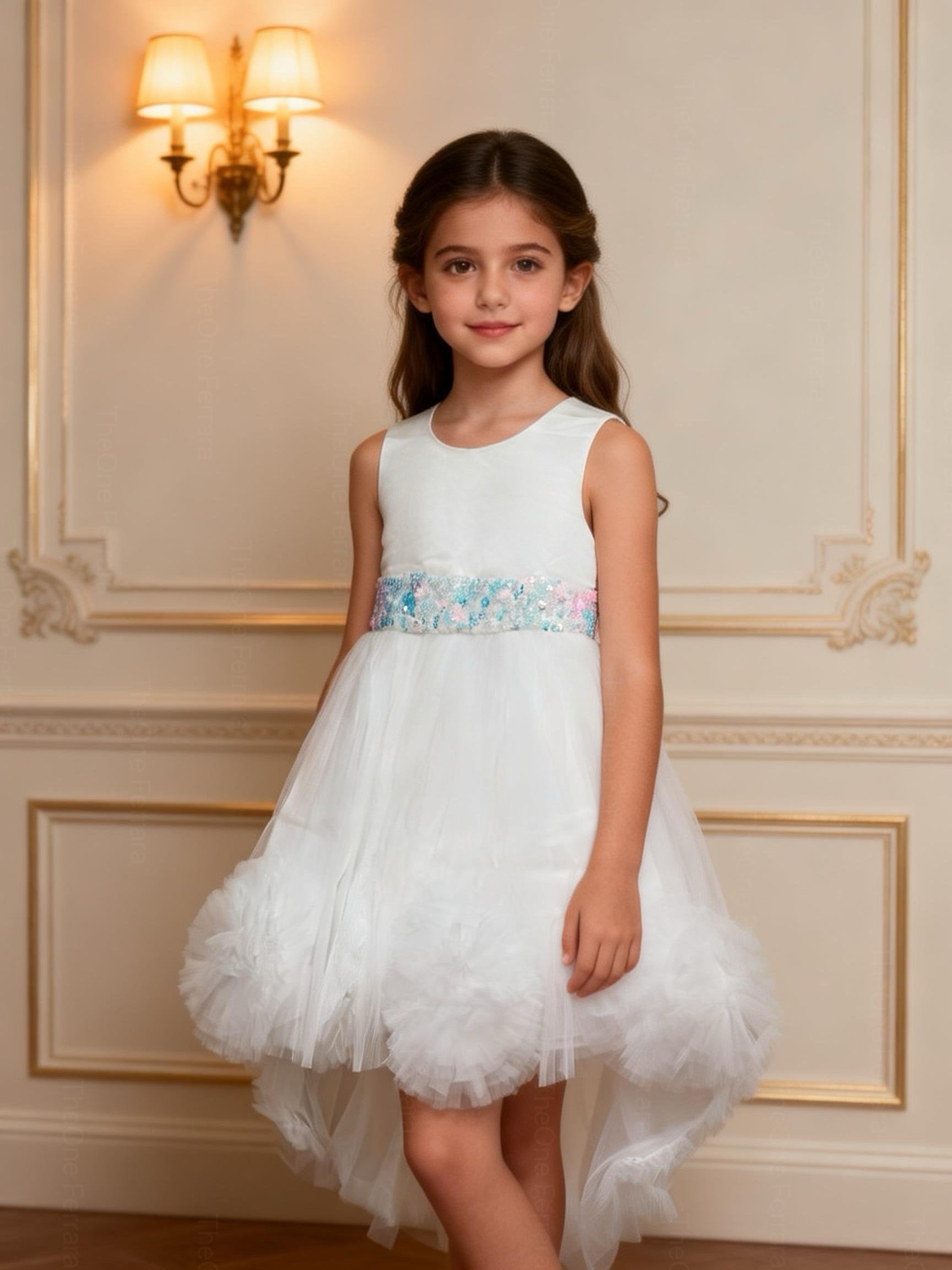 Abito da Cerimonia Bambina Bianco a Sirena in Tulle – 2-14 Anni | Battesimo, Comunione, Damigella 22012-TheOne Ferrara