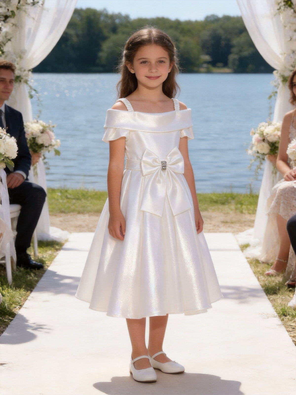 Vestito Bambina Cerimonia Elegante in Taffetà con Fiocco Grande 2-14 Anni