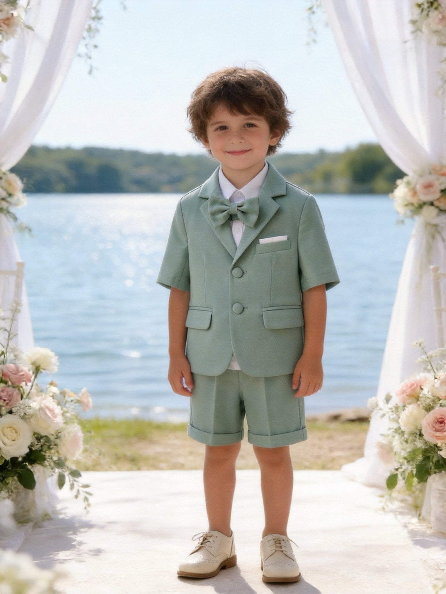 Completo Elegante Bambino Verde Salvia 4 Pezzi con Giacca Shorts Camicia e Papillong 4-10Anni verde salvia