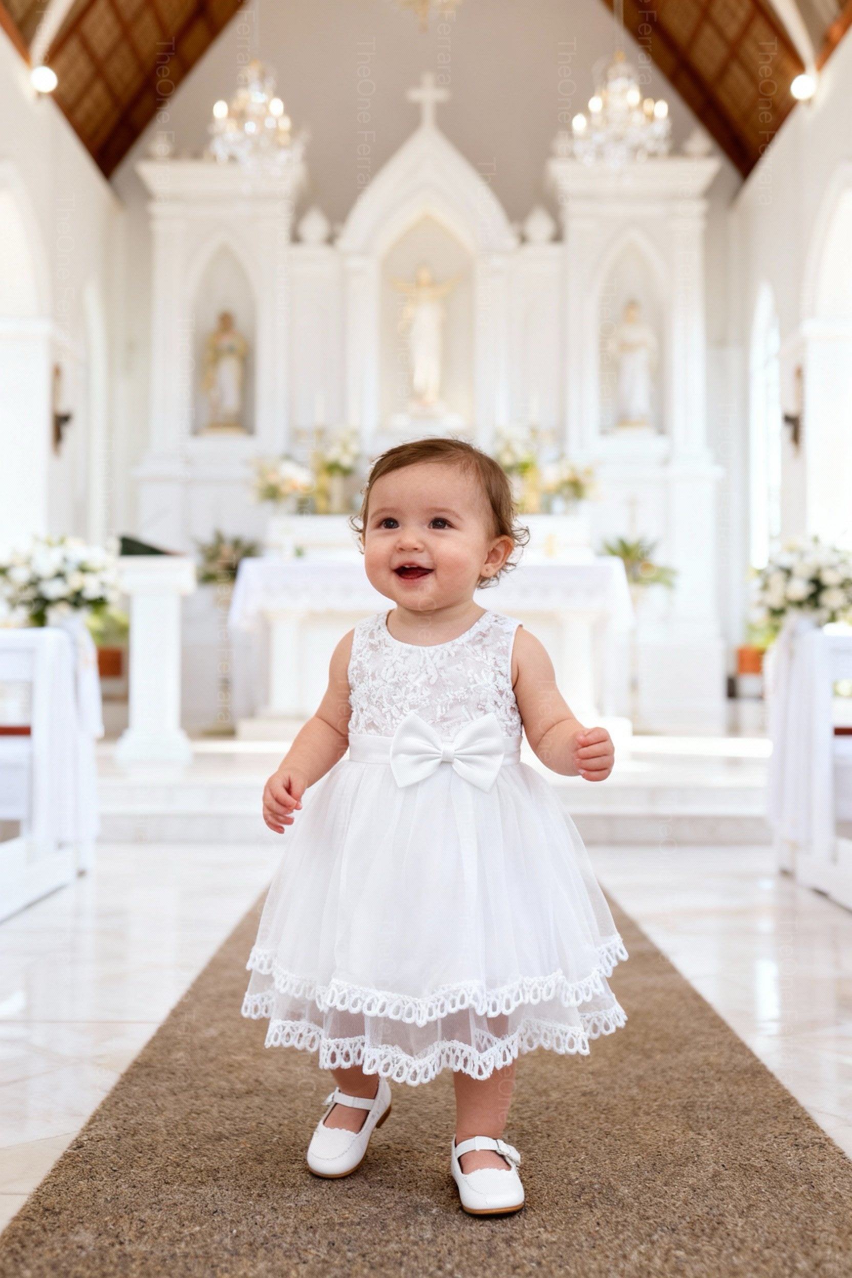 Abito da Battesimo Neonata Bianco 6–36 Mesi – Pizzo Ricamato, Tulle a Strati con Maxi Fiocco Cerimonia Matrimonio 21056