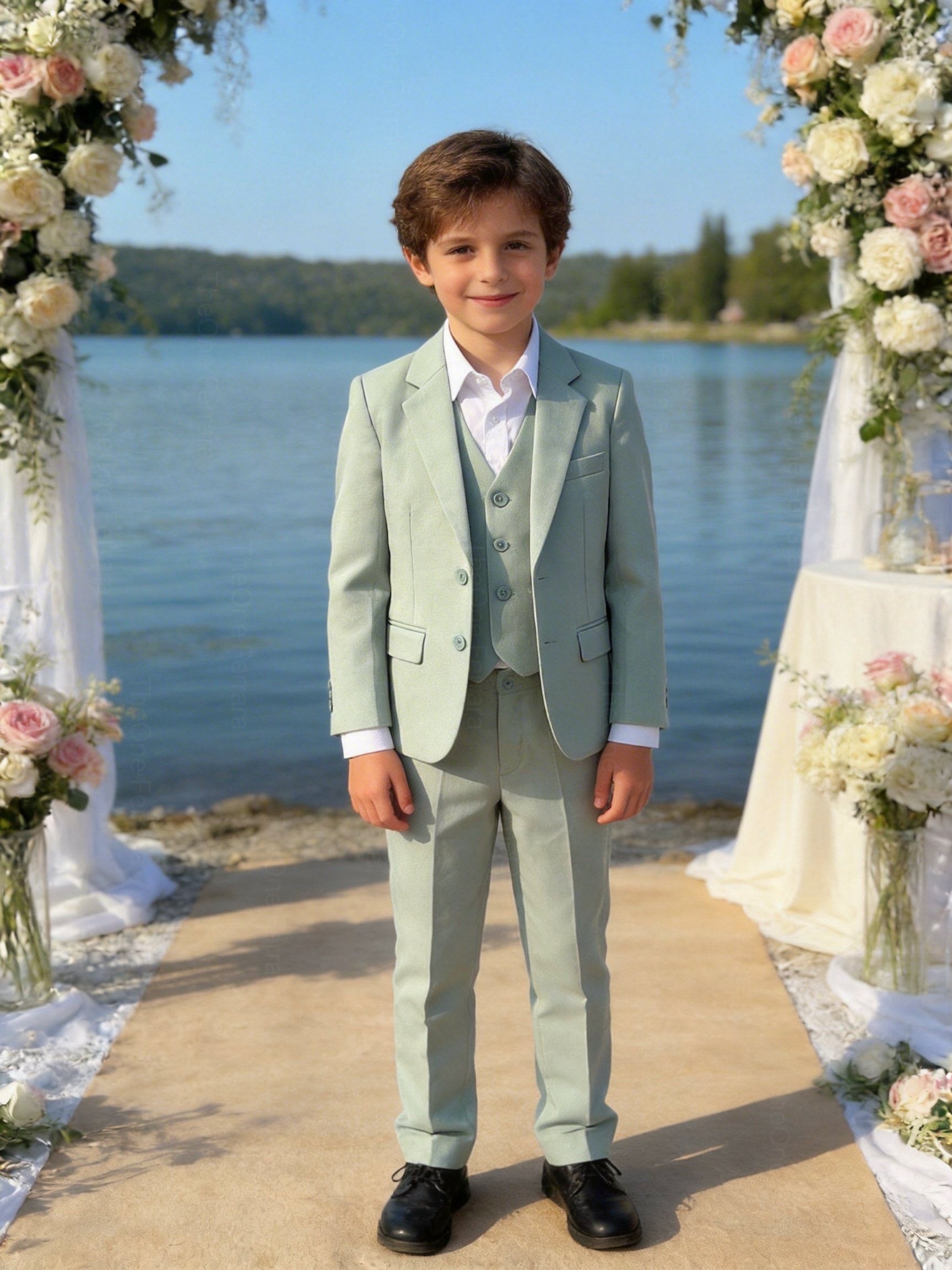 Completo Bambino Matrimonio Verde Salvia 5 Pezzi Elegante 1-16 Anni