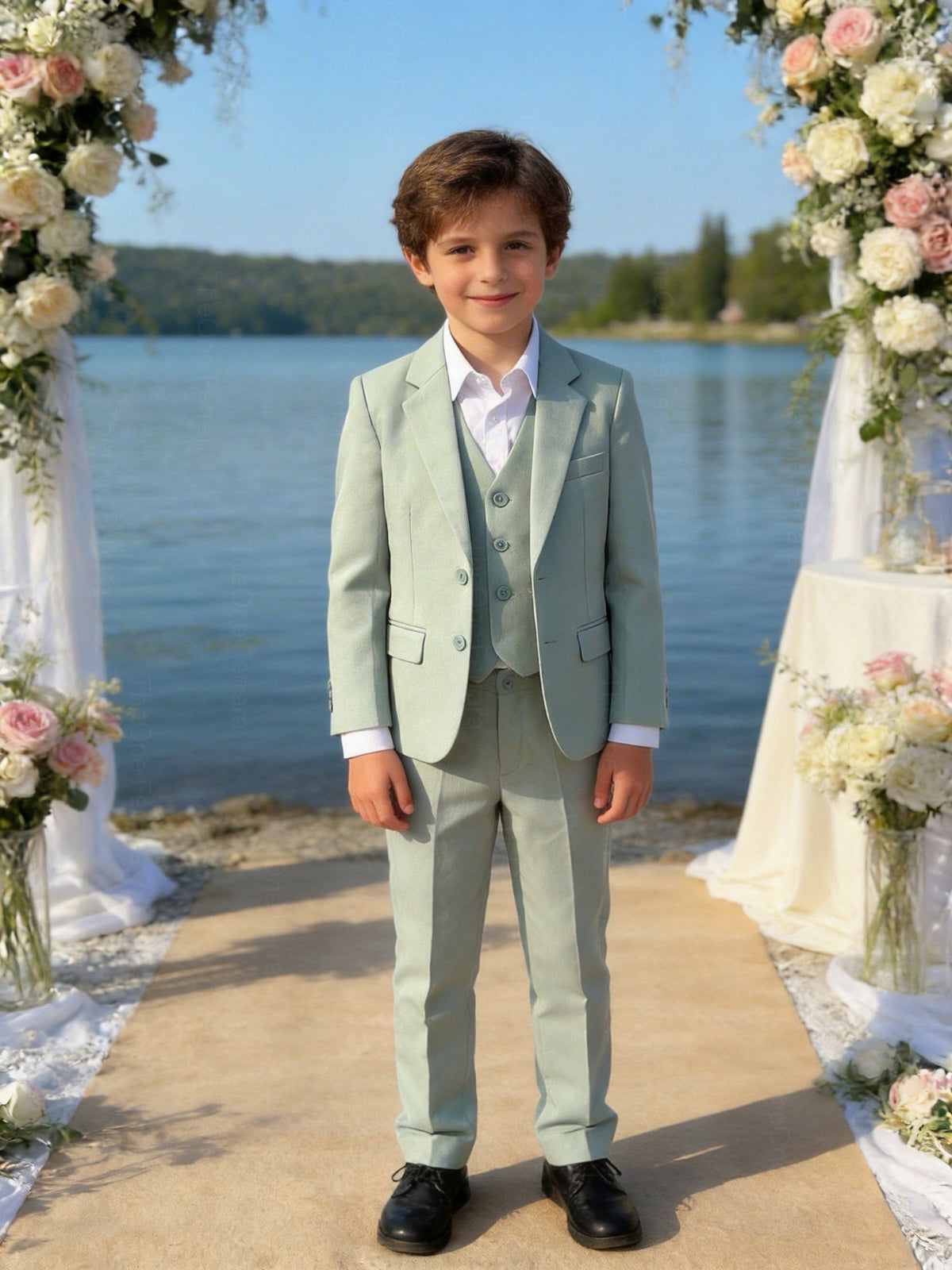 Completo Bambino Matrimonio Verde Salvia 5 Pezzi Elegante 1-16 Anni