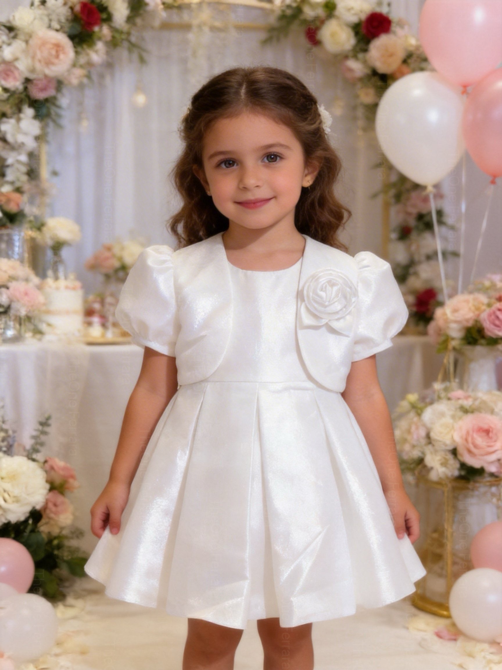 Abito Cerimonia Bambina con Bolero e Fiore – Vestito Elegante Rosa Cipria in Tessuto Strutturato Luminoso per Comunione, Matrimonio e Festa 1-6 anni Bianco Fodera: 100% poliestere