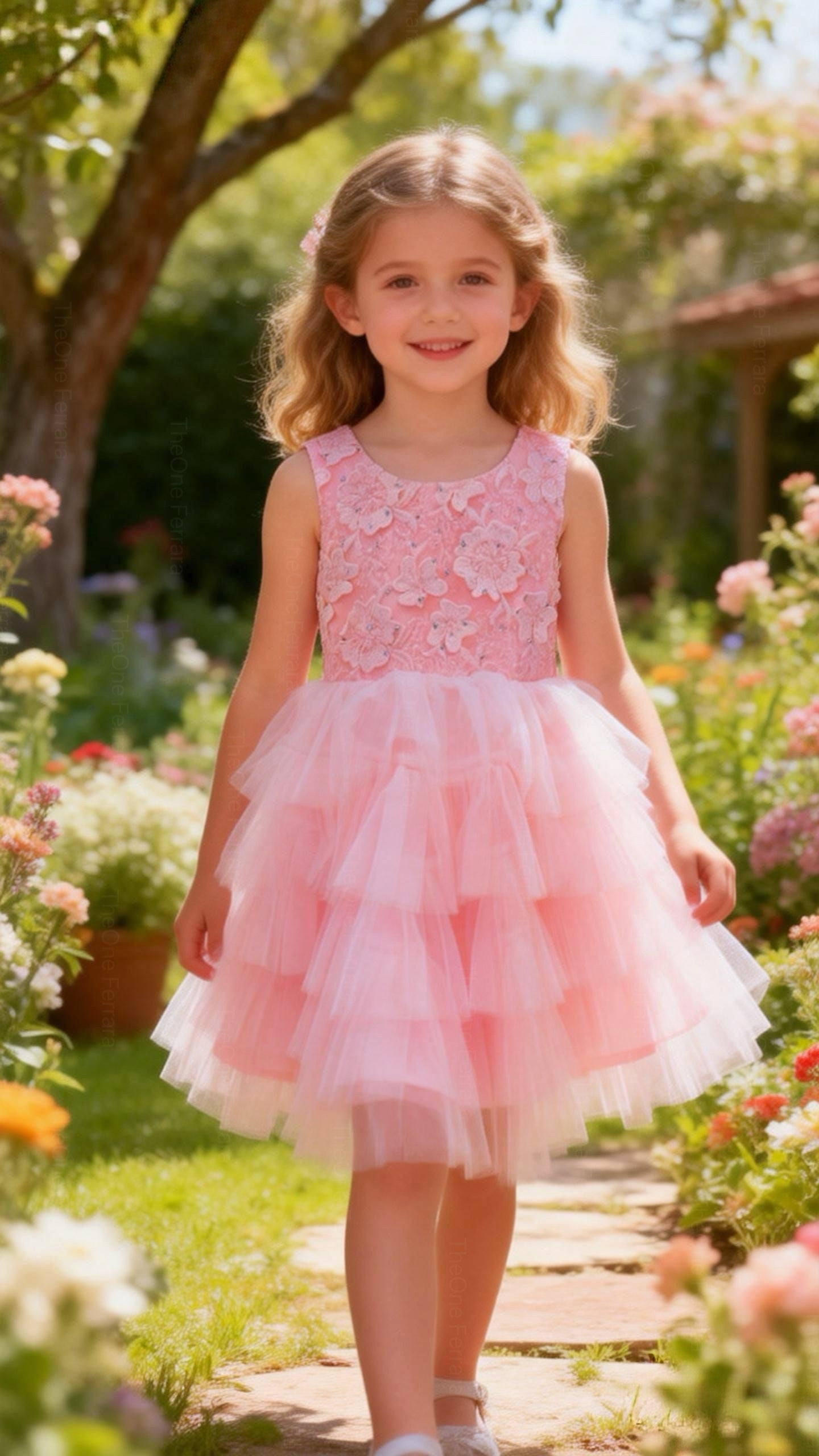 Abito Cerimonia Bambina Rosa Cipria con Tulle Multistrato e Dettagli Strass 2–14 Anni -TheOne