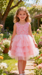 Abito Cerimonia Bambina Rosa Cipria con Tulle Multistrato e Dettagli Strass 2–14 Anni -TheOne