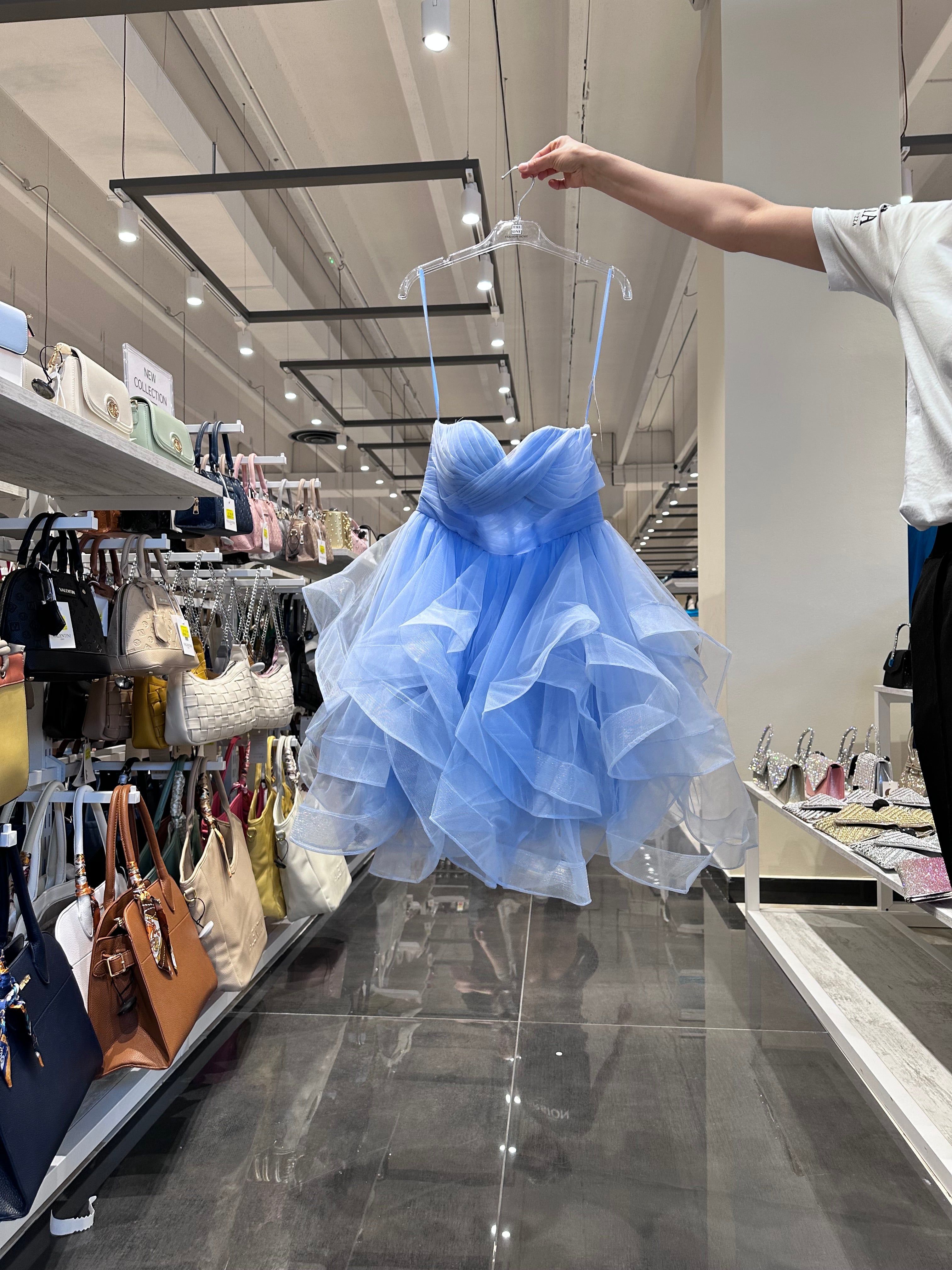 Abito gonfio, senza maniche, colore unito Azzuro