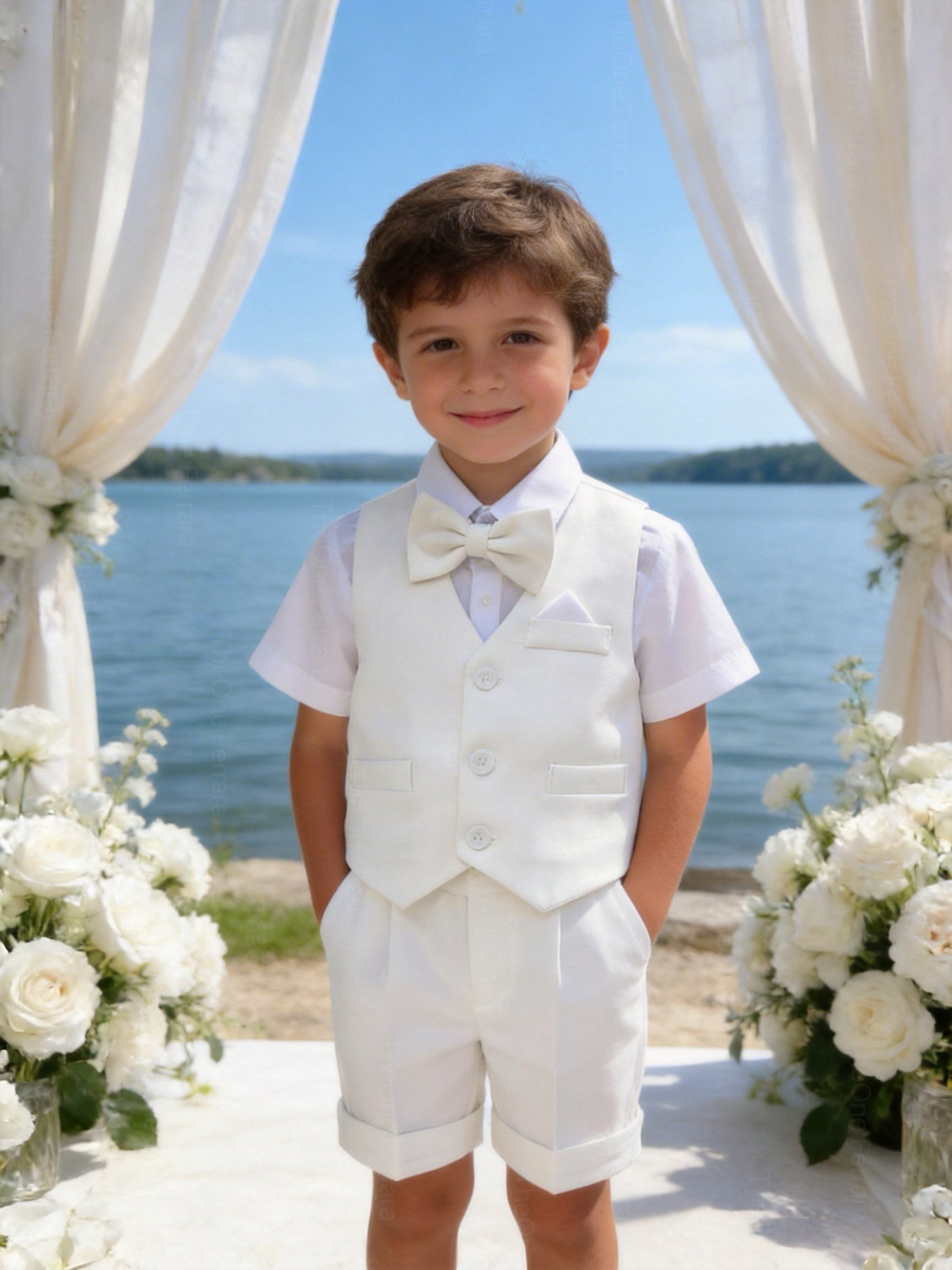 Completo Elegante Bambino Estivo 4 Pezzi con Pantaloncini Abito Cerimonia Matrimonio 1-8 Anni