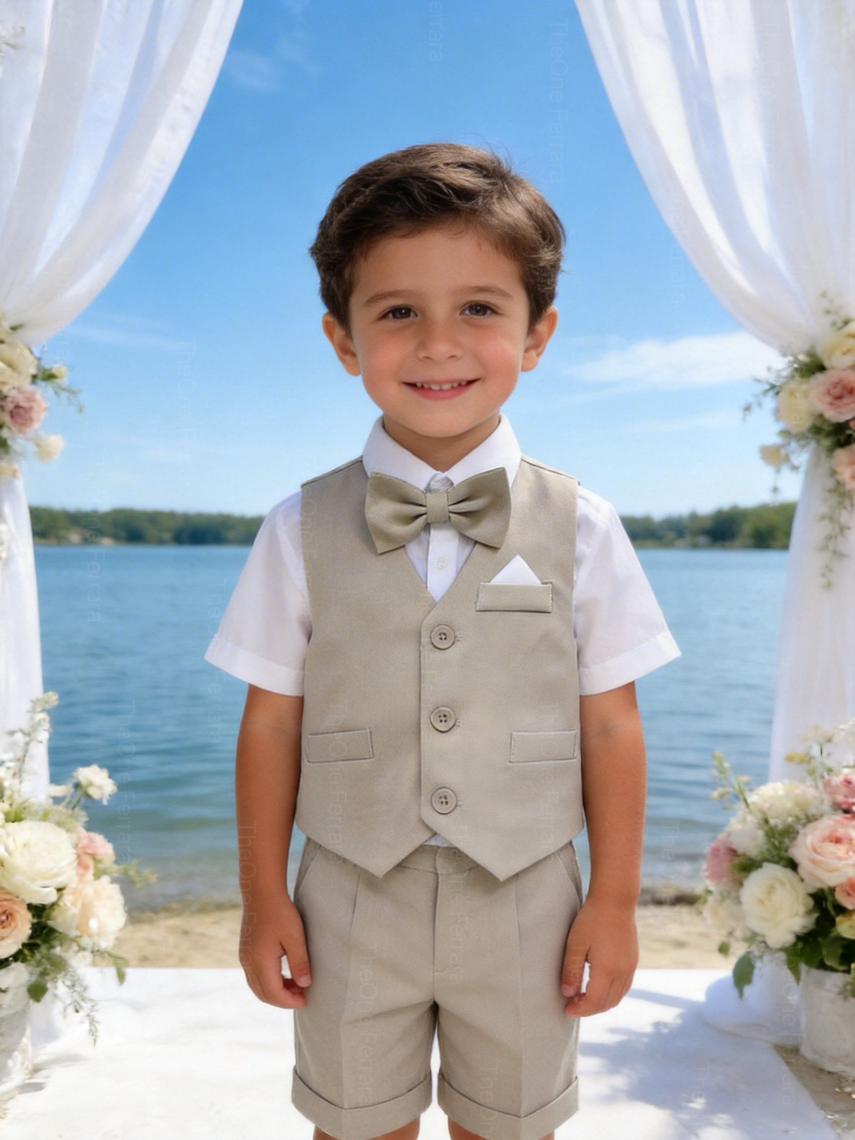 Completo Elegante Bambino Estivo 4 Pezzi con Pantaloncini Abito Cerimonia Matrimonio 1-8 Anni Beige