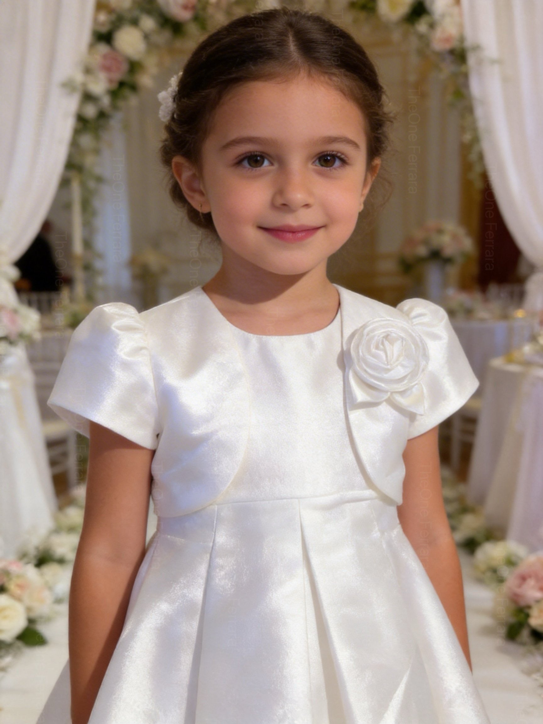Abito Cerimonia Bambina con Bolero e Fiore – Vestito Elegante Rosa Cipria in Tessuto Strutturato Luminoso per Comunione, Matrimonio e Festa 1-6 anni