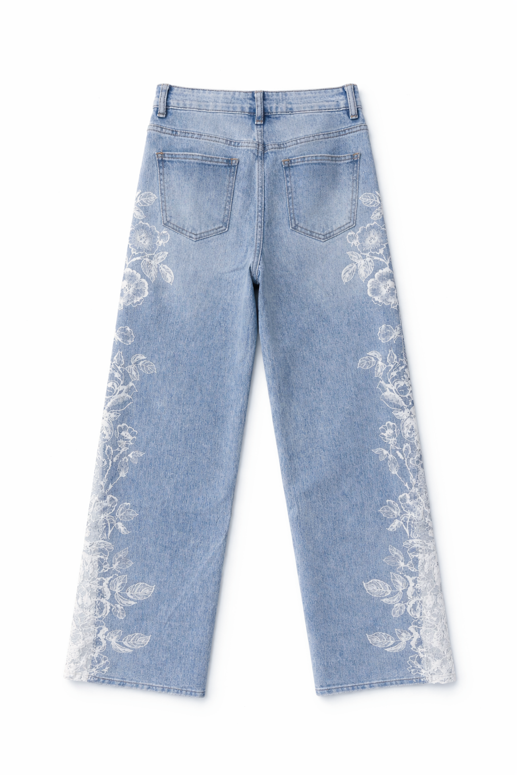 Jeans Donna Wide Leg con Ricamo Floreale e Strass – Denim con Inserti in Pizzo Vita Alta 919