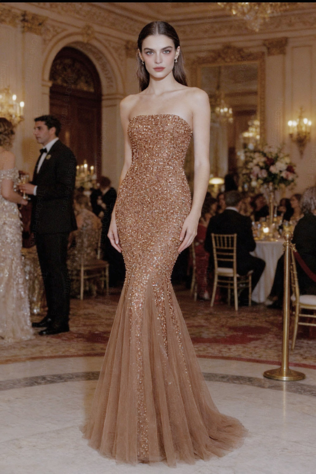 Abito da Sera Champagne con Paillettes – Vestito Lungo Sirena Elegante Senza Spalline 517039