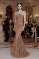 Abito da Sera Champagne con Paillettes – Vestito Lungo Sirena Elegante Senza Spalline 517039