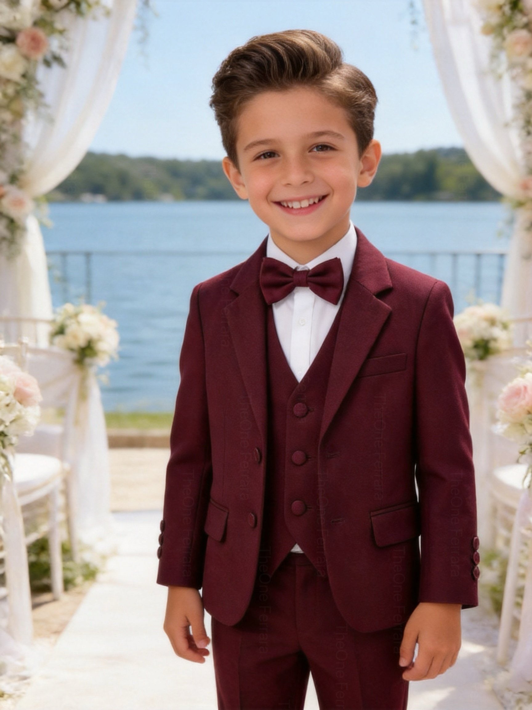 Completo Elegante Bambino Bordeaux 5 Pezzi con Giacca Gilet Pantaloni Camicia e Papillon