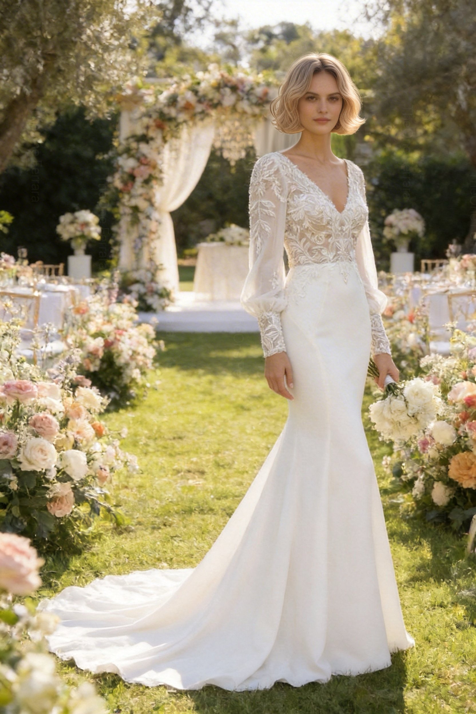 Abito da Sposa Sirena con Maniche Lunghe in Pizzo Ricamato – Scollo Profondo a V, Schiena Scoperta con Bottoni, Stile Boho Elegante 817053