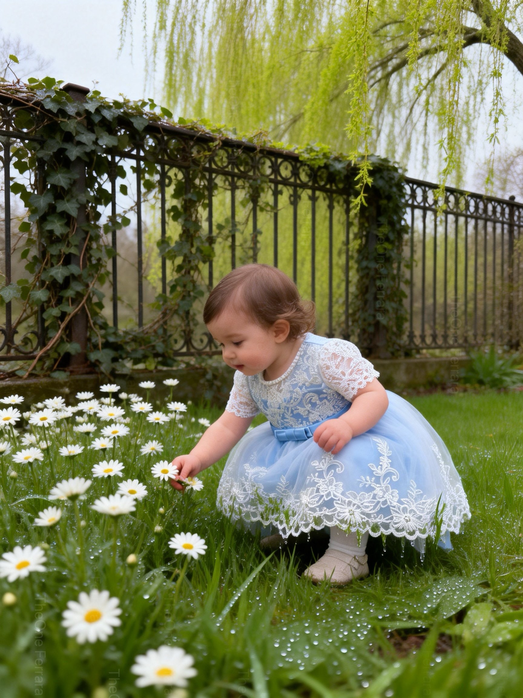 Abito da Cerimonia Bambina Bianco con Pizzo e Fiocco Rosa – Gonna Tulle a Coda di Sirena (6-36 Mesi)-TheOne 3658
