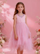 Abito Cerimonia Bambina Elegante in Tulle con Scollo Gioiello – 2-14 Anni – Rosa | Bianco | Bordeaux | Rosa Cipria – 2045 Rosa 2Anni