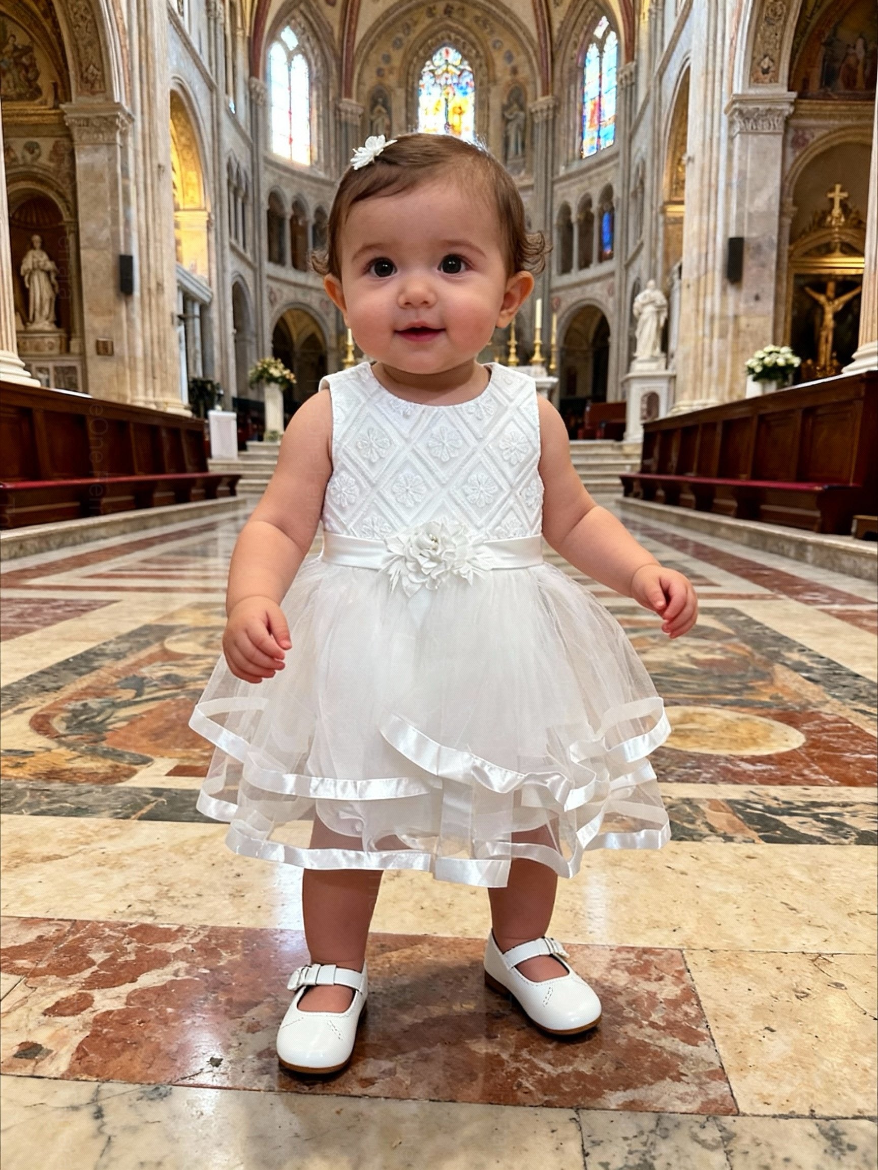 Abito da Battesimo Neonata Bianco 6–36 Mesi – Tulle a Strati con Bordo Satinato e Fiocco | Cerimonia Chiesa 21038