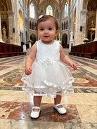 Abito da Battesimo Neonata Bianco 6–36 Mesi – Tulle a Strati con Bordo Satinato e Fiocco | Cerimonia Chiesa 21038