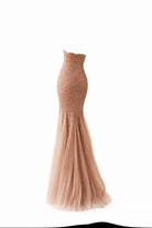 Abito da Sera Champagne con Paillettes – Vestito Lungo Sirena Elegante Senza Spalline 517039
