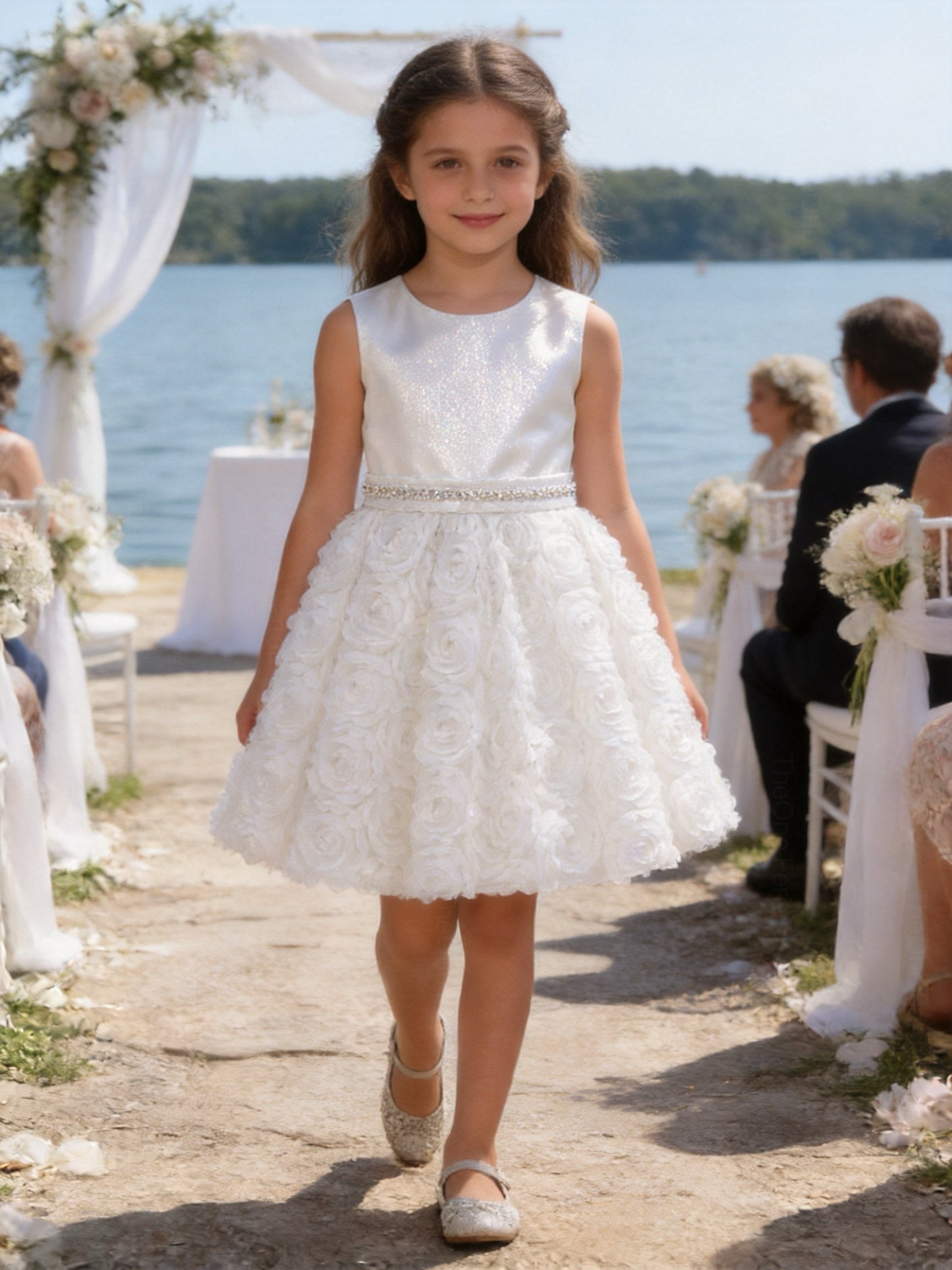 Abito Elegante Bambina 2-12 Anni – Vestito Cerimonia con Gonna 3D Floreale per Matrimonio e Comunione