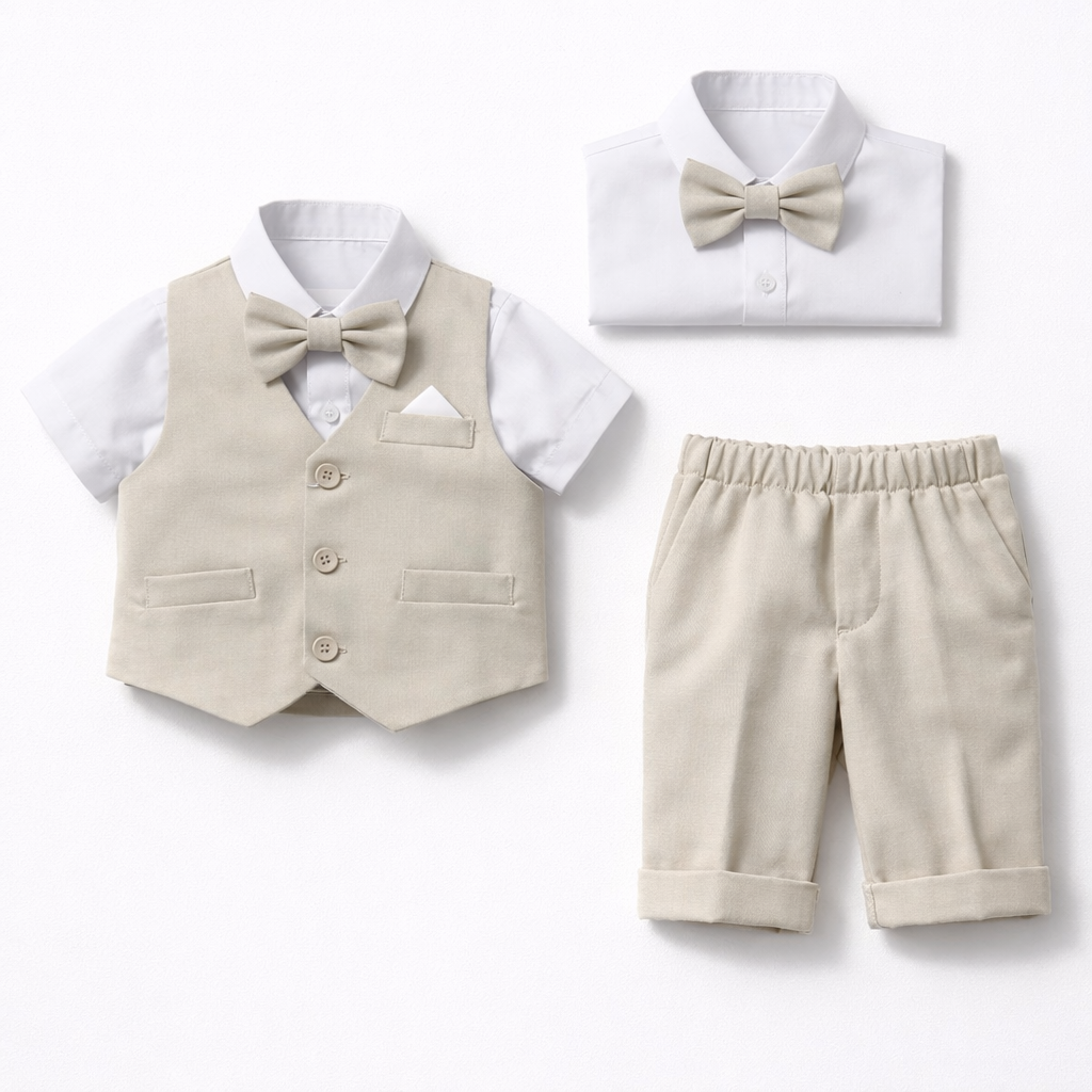 Completo Elegante Bambino Estivo 4 Pezzi con Pantaloncini Abito Cerimonia Matrimonio 1-8 Anni Beige