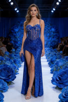 Abito Lungo da Gala con Corsetto Gioiello e Spacco Alto 512127 Blu