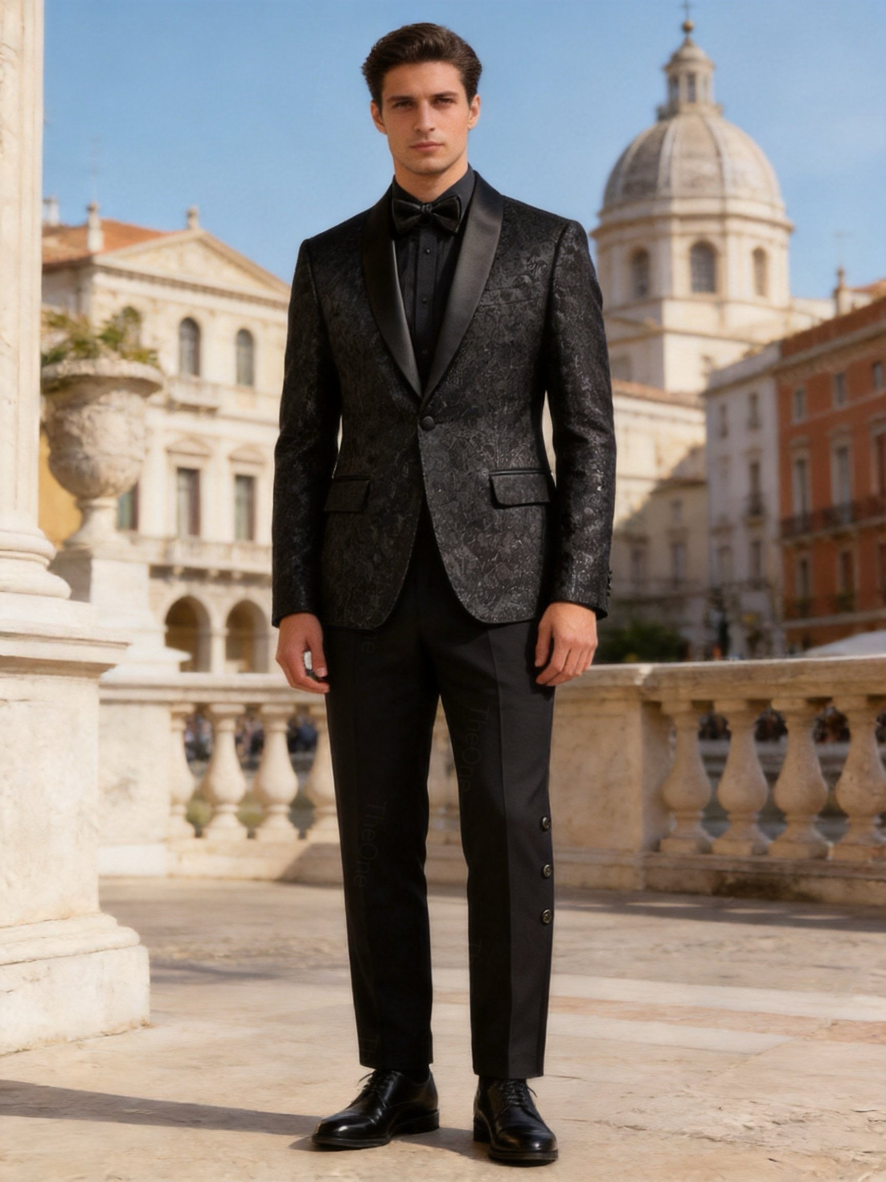 Abito Uomo Cerimonia Slim Fit Blu Jacquard Elegante Smoking Fantasia 2pz