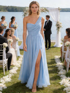 Abito Damigella Monospalla in Chiffon con Spacco Laterale
