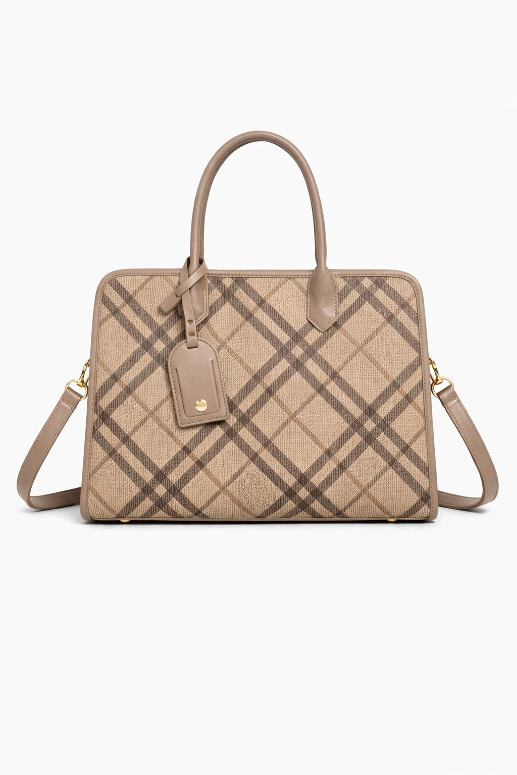 Borsa Donna Elegante a Quadri 34cm – Shopper Strutturata con Tracolla | Borsa Lavoro Chic 5635 Taupe 34X24X12cm