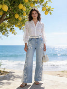 Jeans Donna Wide Leg con Ricamo Floreale e Strass – Denim con Inserti in Pizzo Vita Alta 919