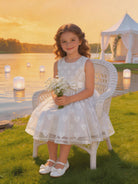 Vestito Bambina Elegante in Organza Jacquard Lurex con Fiocco Bianco