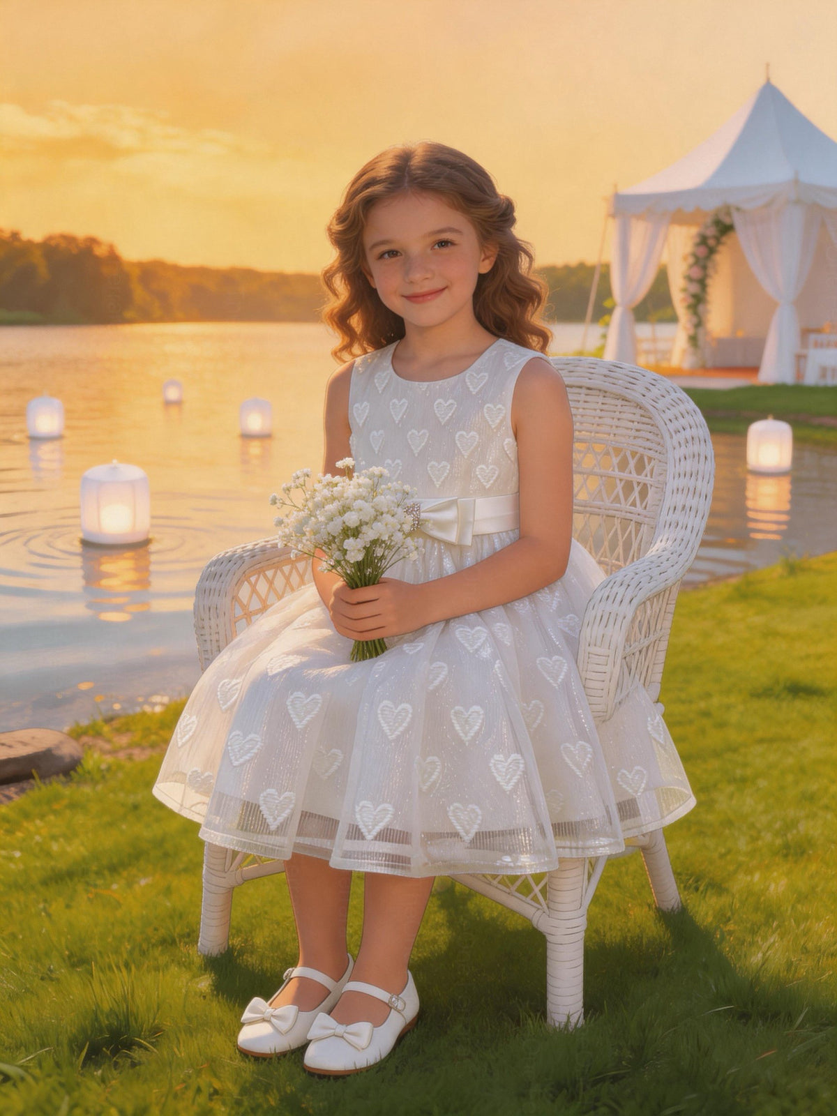 Vestito Bambina Elegante in Organza Jacquard Lurex con Fiocco Bianco
