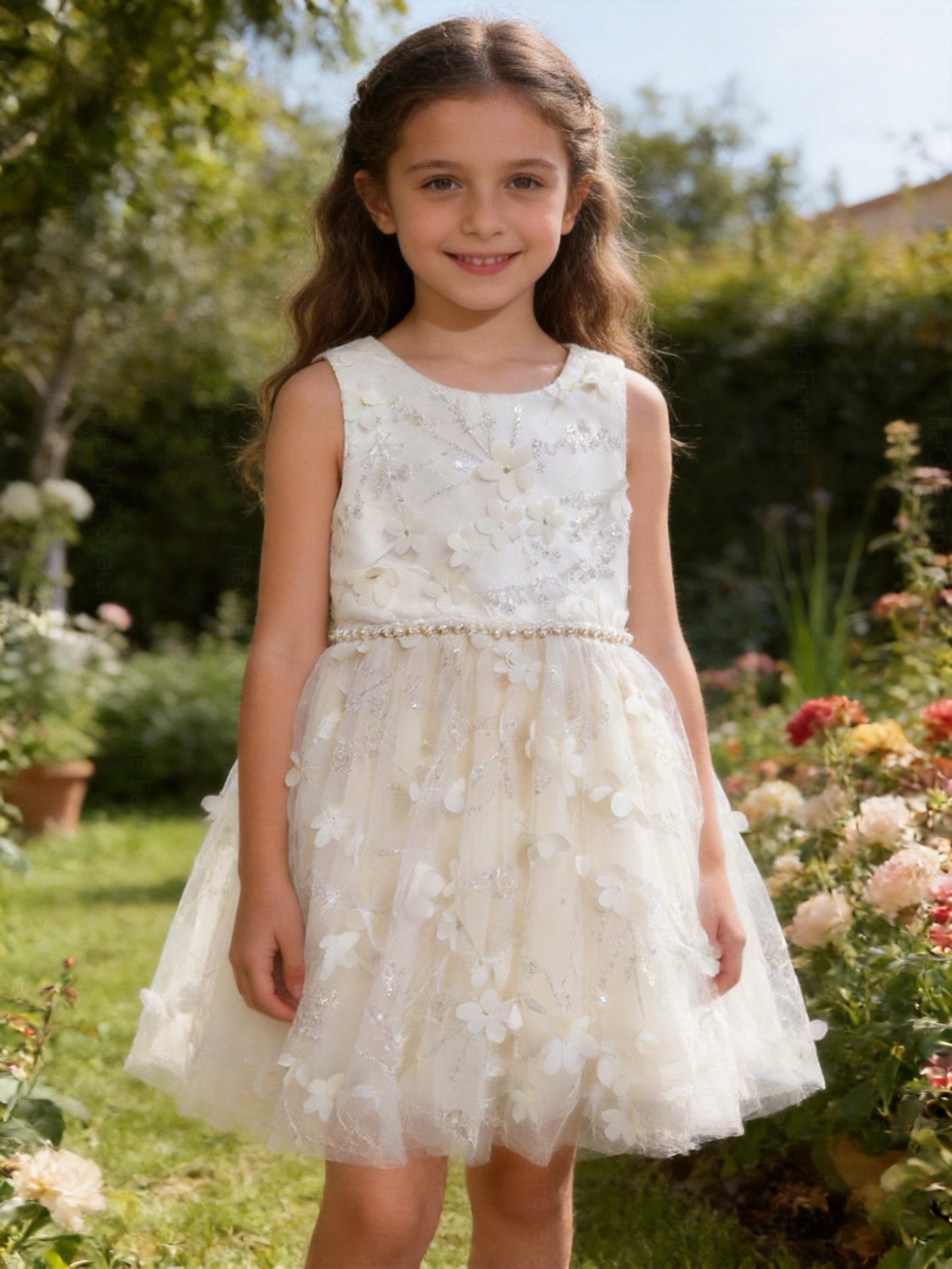 Abito da Cerimonia Bambina 2-12 Anni Elegante – Vestito con Fiori 3D e Gonna in Tulle per Matrimonio, Battesimo e Compleanno 716