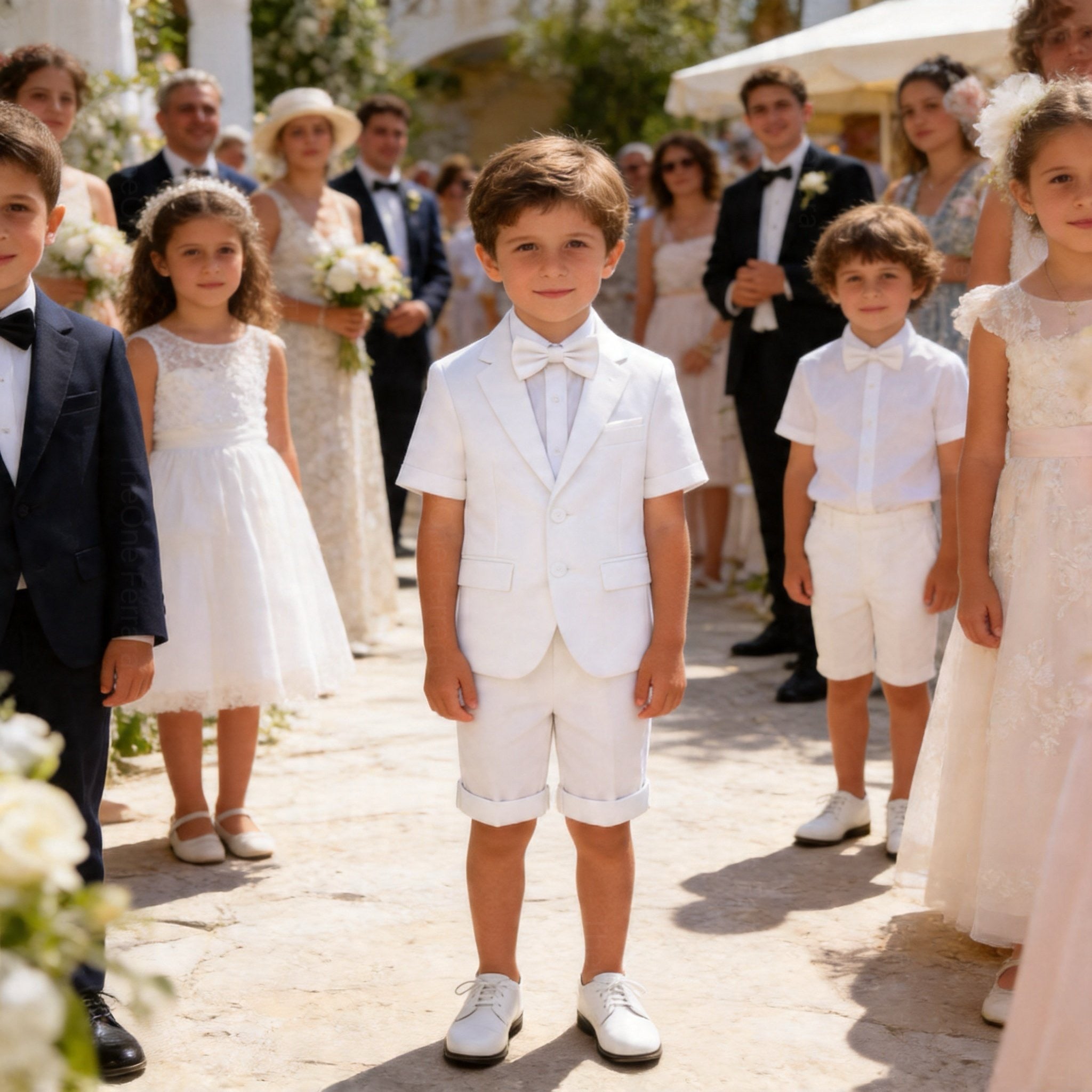 Completo Elegante Bambino Estivo 4 Pezzi con Giacca e Pantaloncini Abito Cerimonia Matrimonio 1-10Anni Bianco