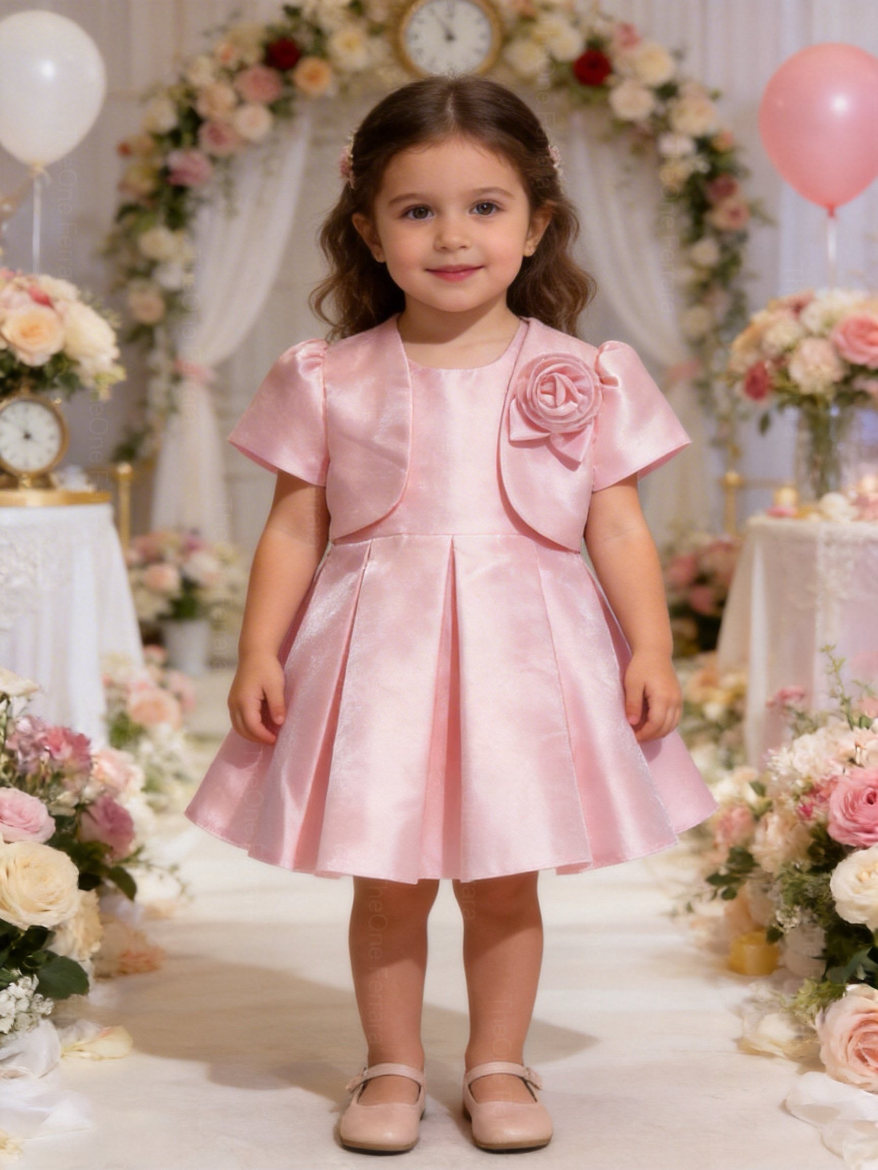 Abito Cerimonia Bambina con Bolero e Fiore – Vestito Elegante Rosa Cipria in Tessuto Strutturato Luminoso per Comunione, Matrimonio e Festa 1-6 anni