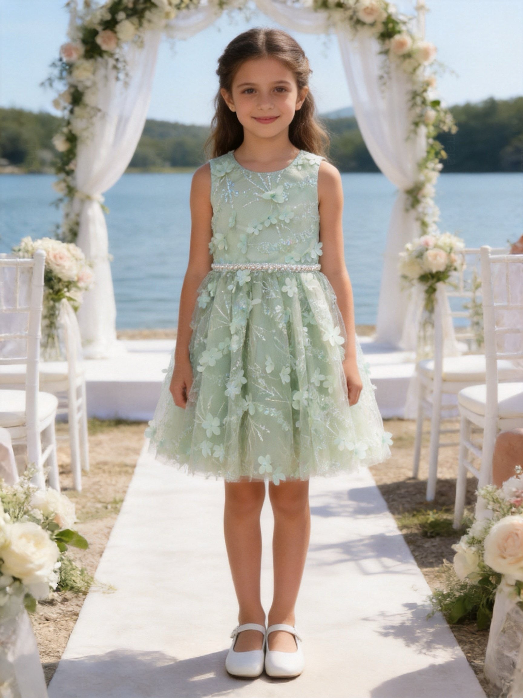 Abito da Cerimonia Bambina 2-12 Anni Elegante – Vestito con Fiori 3D e Gonna in Tulle per Matrimonio, Battesimo e Compleanno 716