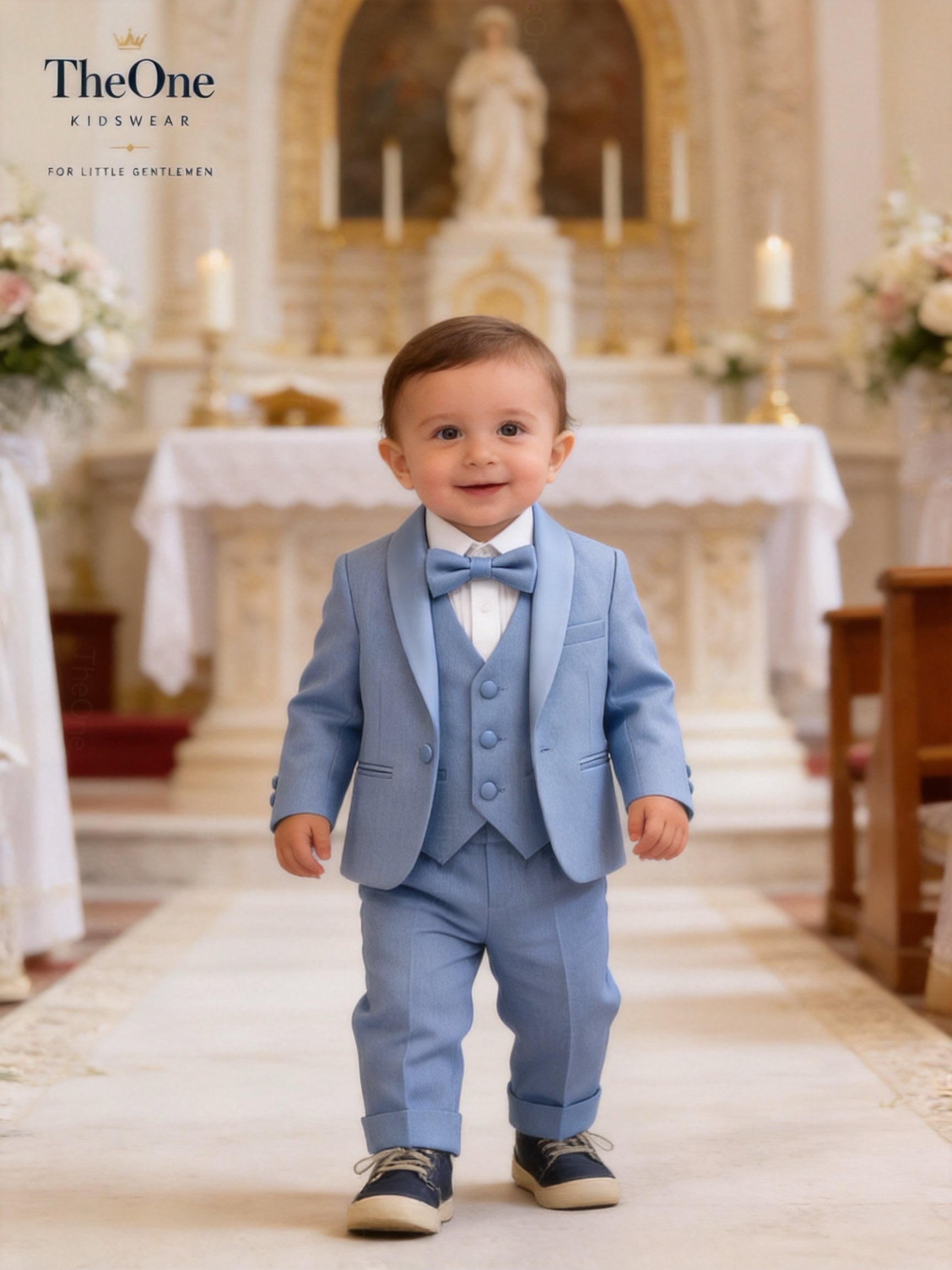 Completo Elegante Bambino Celeste 5 Pezzi con Papillon per Cerimonia e Matrimonio
