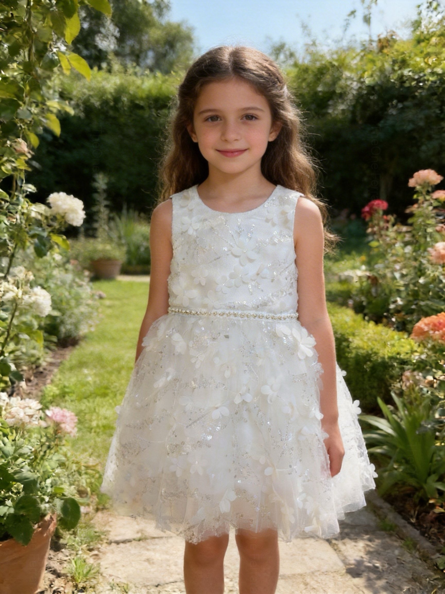 Abito da Cerimonia Bambina 2-12 Anni Elegante – Vestito con Fiori 3D e Gonna in Tulle per Matrimonio, Battesimo e Compleanno 716