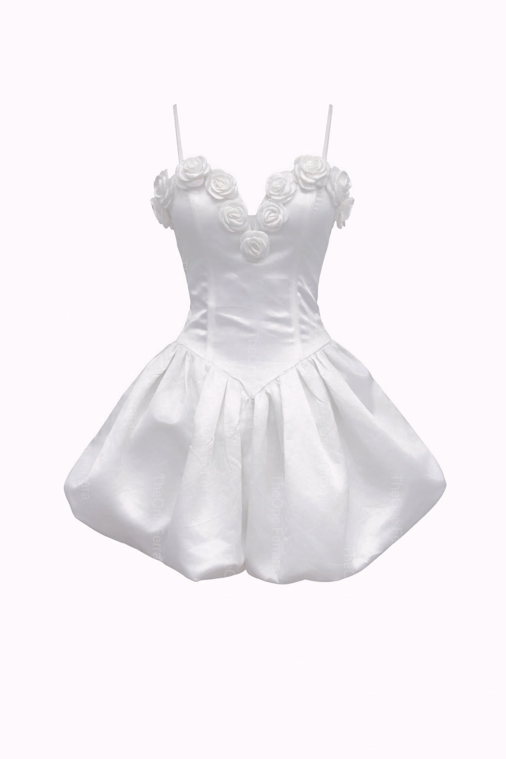 Abito Corto Bianco in Raso con Corsetto e Rose 3D – Gonna a Palloncino, Abito da Cocktail & Cerimonia 521688