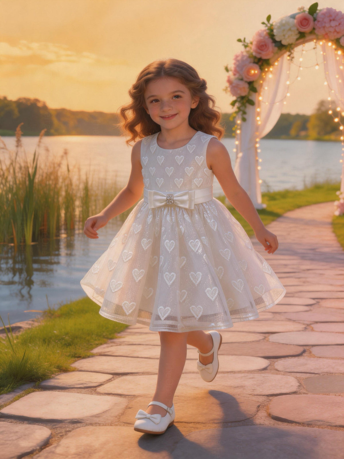 Vestito Bambina Elegante in Organza Jacquard Lurex con Fiocco