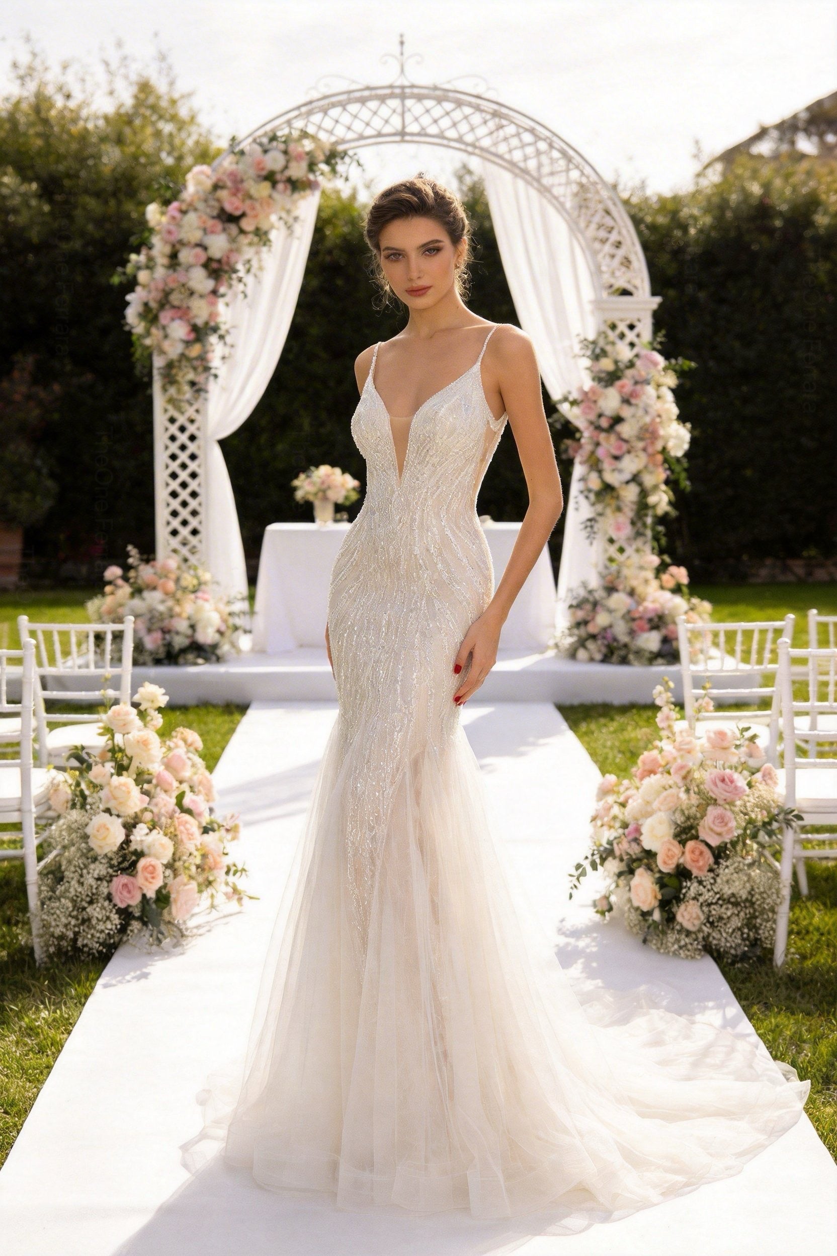 Abito da Sposa Sirena con Paillettes e Tulle – Vestito da Sposa Elegante con Scollatura Profonda e Schiena Scoperta 851016