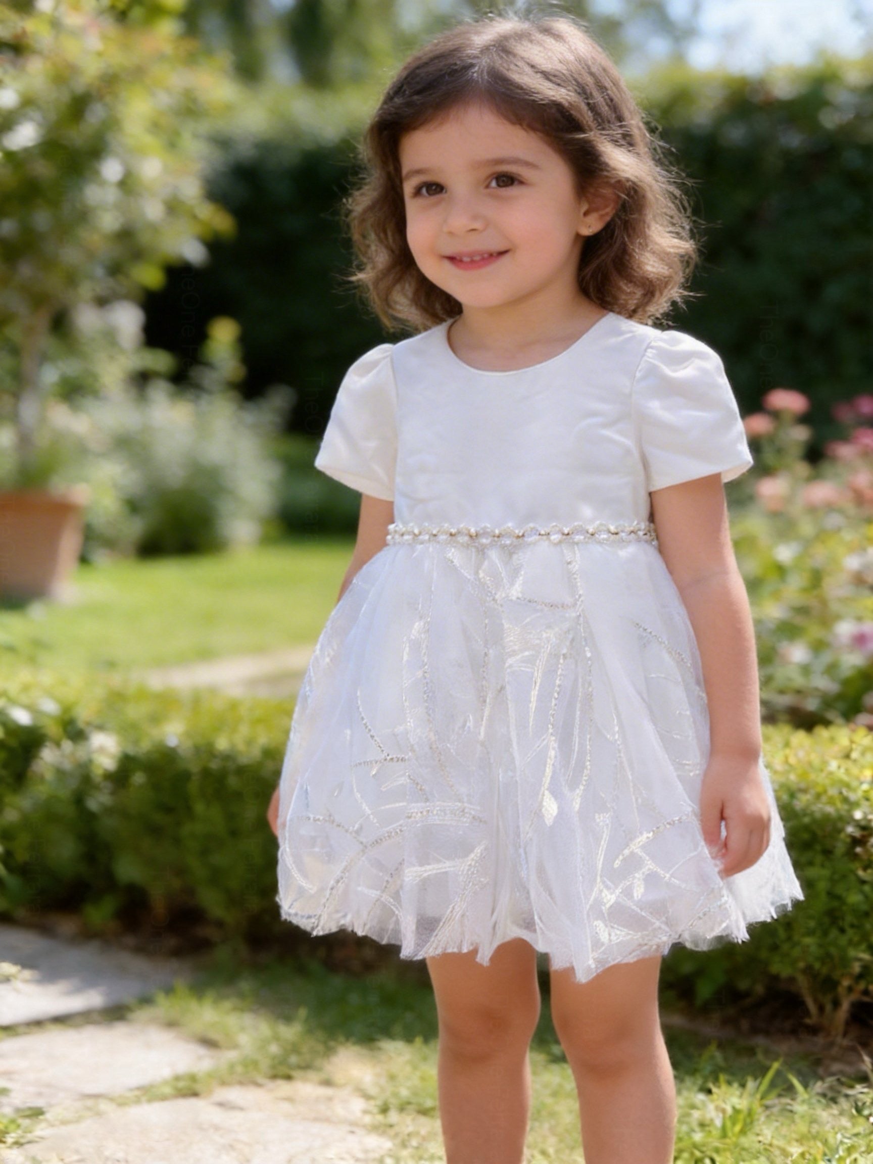Vestito bianco bambina con perline e tulle 3M–36M Battesimo, Cerimonia, Matrimonio