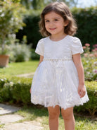 Vestito bianco bambina con perline e tulle 3M–36M Battesimo, Cerimonia, Matrimonio