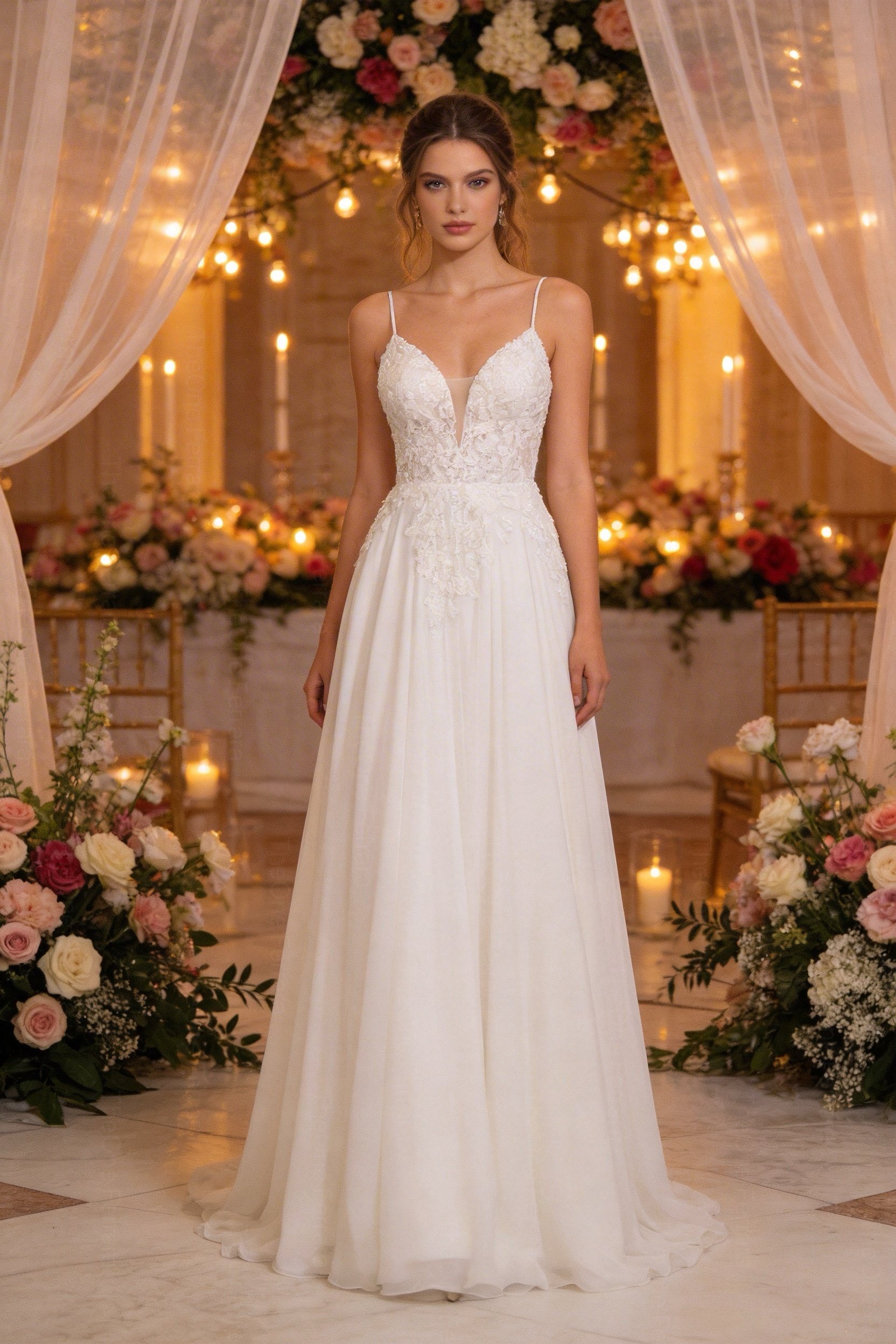 Abito da Sposa A-Line in Chiffon con Pizzo 3D e Scollo Profondo – Spalline Sottili, Effetto Corsetto, Colore Avorio Naturale 879001 Bianco S